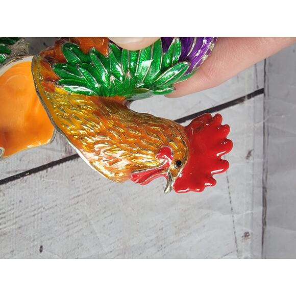 Rooster Enamel Rhinestone Crystal Hinged Trinket Box - Picture 9 of 10